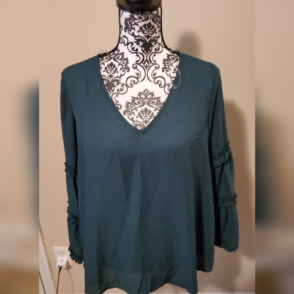 Perfectly Priscilla Dark Green Ruffle Long Sleeve Blouse